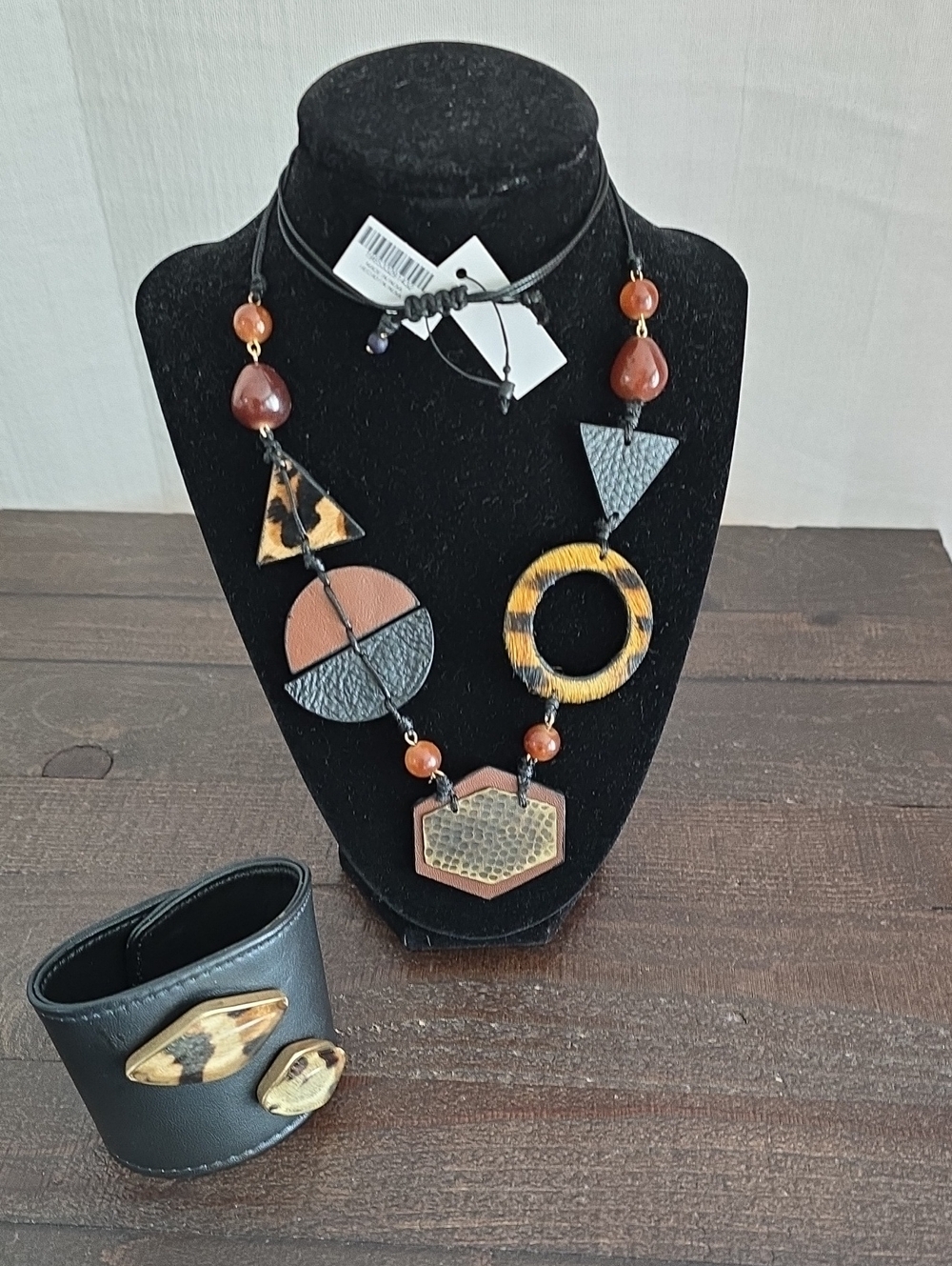 Chico's Black, Brown, and Yellow Geometric Pendant Necklace And Bracelet
